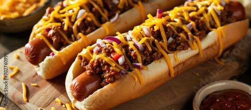 Chili and cheddar on plump hot dogs. photo