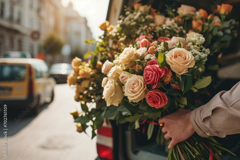 Flowers delivery concept. Man holding bouquets of roses and putting them in the delivery minibus - obrazy, fototapety, plakaty 