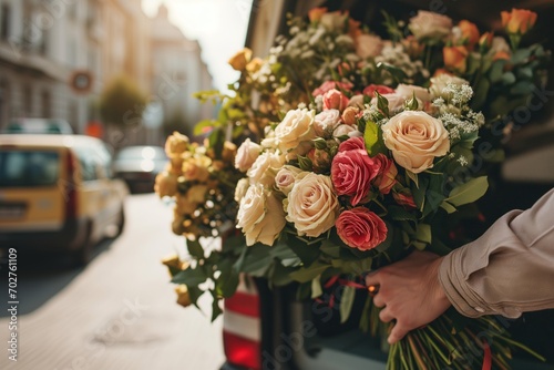 Flowers delivery concept. Man holding bouquets of roses and putting them in the delivery minibus photo