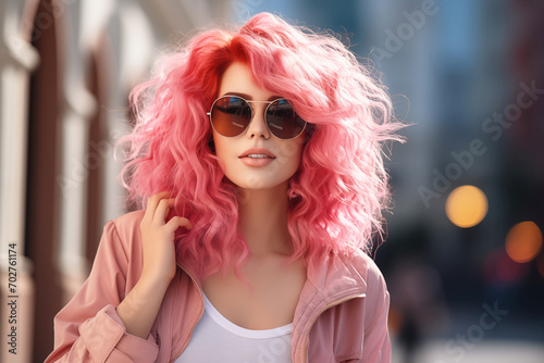 Happy Beautiful Woman with Pink Hair and Sunglasses