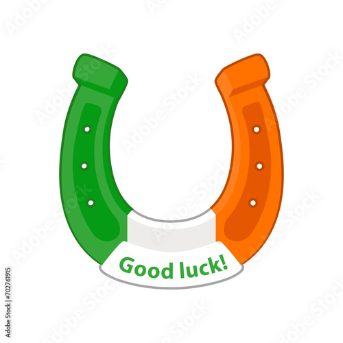 Cartoon Irish Horseshoe, Good Luck. Cartoon sticker with contour. Decoration for greeting cards, posters, patches, prints for clothes, emblems for St. Patrick day