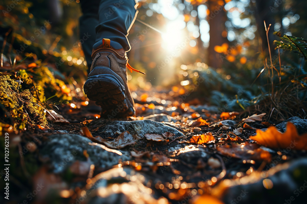 Focusing on a runner's sneakers hitting the trail, showcasing the dynamic movement and energy as they navigate a serene forest path in the tranquil morning light Focusing on a runner's sneakers hitting the trail, showcasing the dynamic movement and energy as they navigate a serene forest path in the tranquil morning light