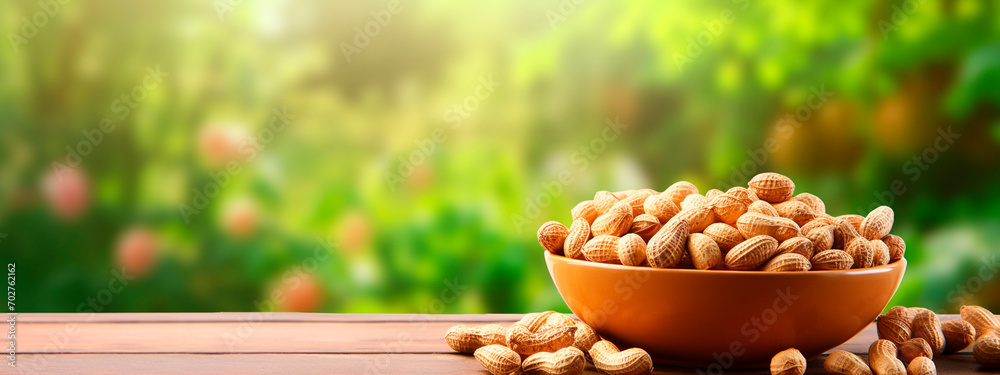 Peanuts in a bowl in the garden. Selective focus. - obrazy, fototapety, plakaty 