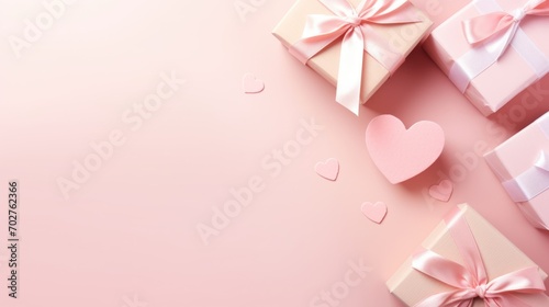valentine gift box and pink abstract heart shape on pink pastel background.
