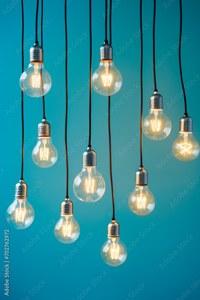 Many light bulbs on a blue background. Selective focus. Many light bulbs on a blue background. Selective focus.