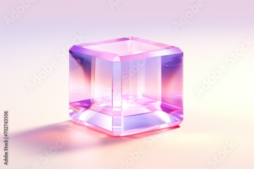  a pink crystal cube sitting on top of a white table next to a pink and purple object on a white surface.