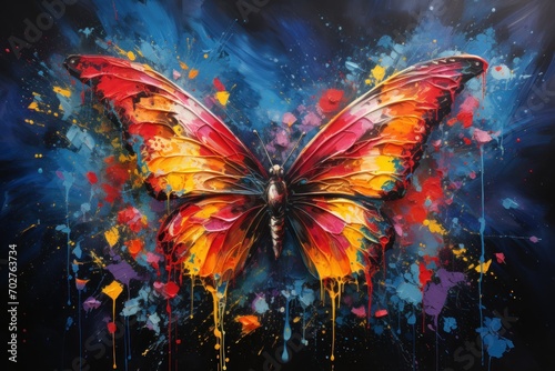  a painting of a butterfly with paint splattered all over it's wings and wings are red, orange, yellow, and blue. © Shanti