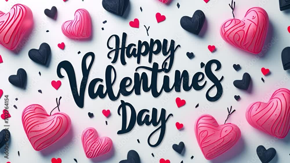 Valentine's greeting background design. Happy valentine's day text with elegant hearts decoration for valentine card. illustration. Pink colorful hearts flat lay against white background. mp4
