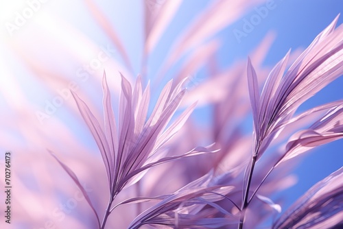  a blurry photo of a purple plant with a blue sky in the backgrounnd of the picture.