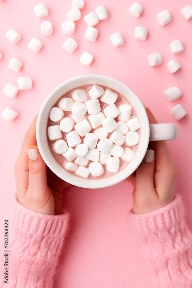 Cup with marshmallows on a pink background. Selective focus. Cup with marshmallows on a pink background. Selective focus.