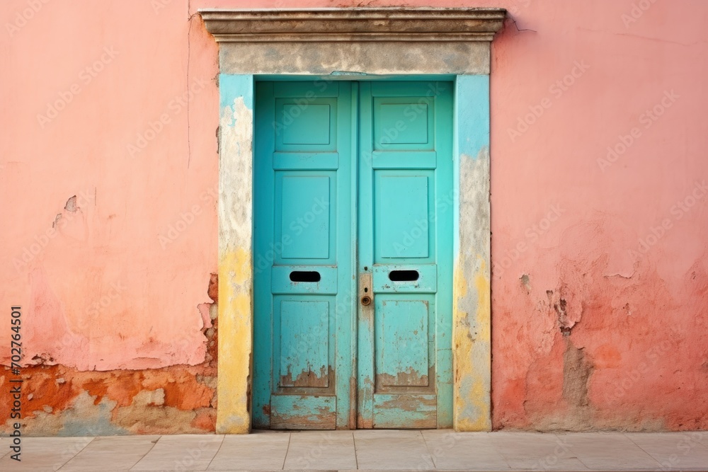  a blue door sits in front of a pink wall with peeling paint on the outside of the door and on the inside of the door.