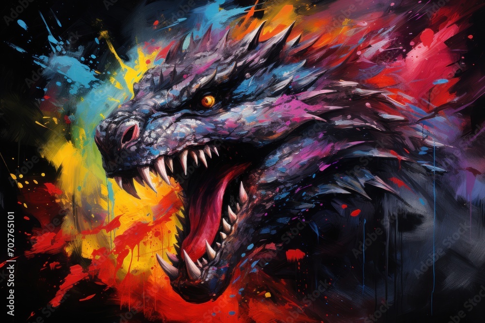  a painting of a dragon with its mouth open and colorful paint splatches all over it's body.