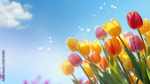 multi-colored tulips against the sky, spring background, spring holiday, space for text.  © VIK