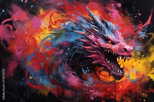  a painting of a dragon with colorful paint splatters on it's face and mouth, on a black background. #702765112