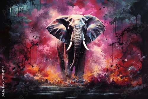  a painting of an elephant standing in the middle of a fire and water scene with red, purple, and black colors.