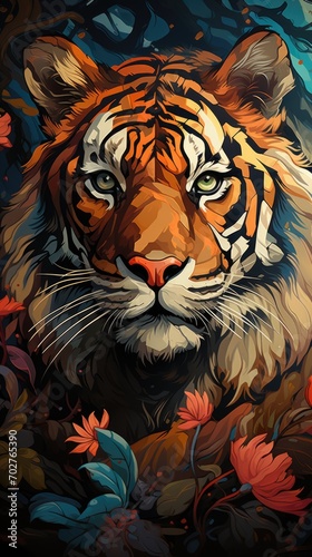 A painting of a tiger surrounded by leaves