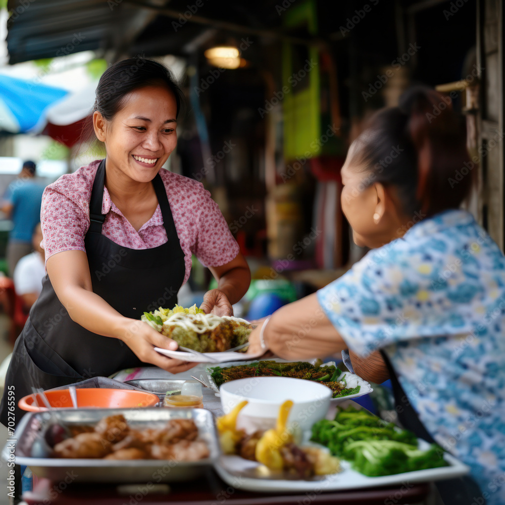 mindstormphoto thailand woman vendor serves plate of food to customer. mindstormphoto thailand woman vendor serves plate of food to customer.