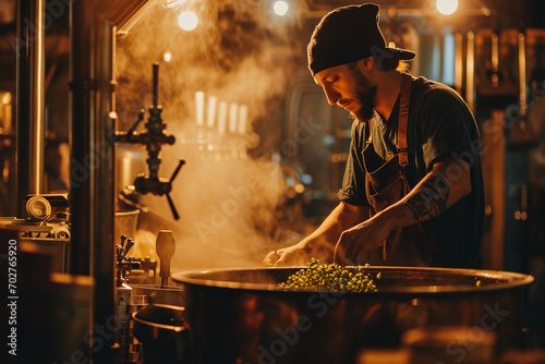 Brewing in action, boiling kettle with hops, steam rising, focused brewmaster in the background checking gauges