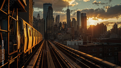 Elevated train, urban skyline, sunset reflecting on skyscraper windows, dramatic shadows photo