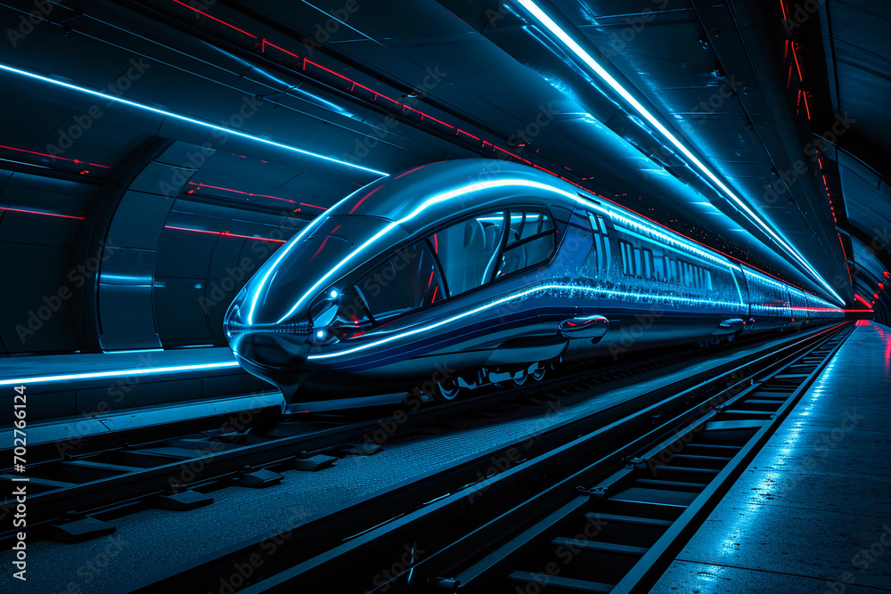 train, future concept, levitating above a metallic track, neon-blue energy lines, dark environment