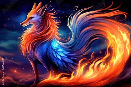  a painting of a fire fox sitting on top of a lush green field with a blue sky in the background.