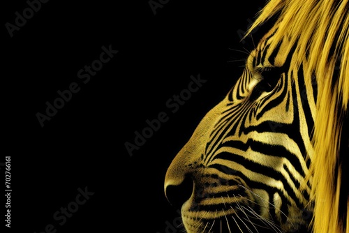  a close - up of a zebra's face with long, straight, yellow hair on a black background.