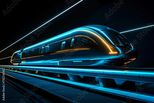 train, future concept, levitating above a metallic track, neon-blue energy lines, dark environment