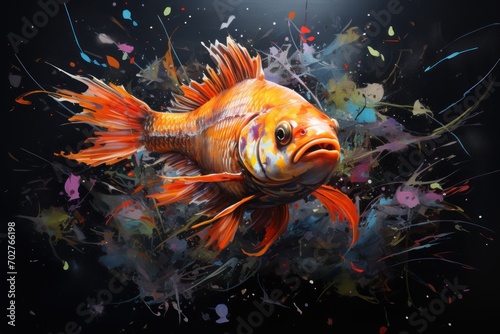  a painting of a goldfish with splatters of paint on it's body and a black background.