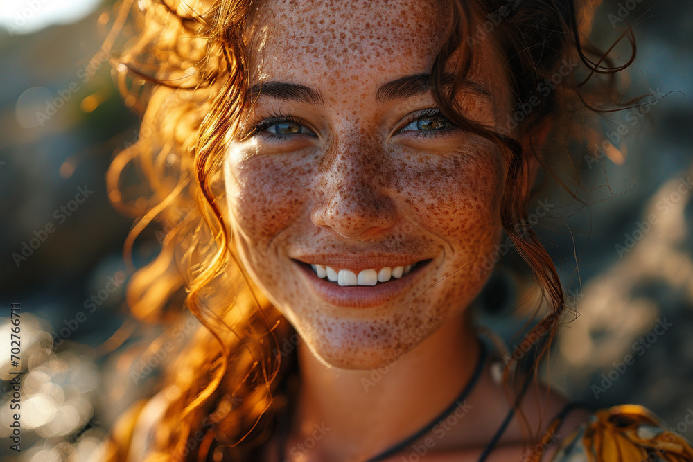 closeup portrait of smiling redhead girl with freckles in summer closeup portrait of smiling redhead girl with freckles in summer