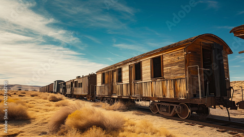Old wooden train carriages, western frontier style, set in a barren desert, golden sand, blue sky, tumbleweeds photo