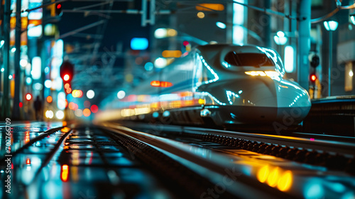 Modern bullet train, sleek silver design, speeding through a neon-lit cityscape, nighttime