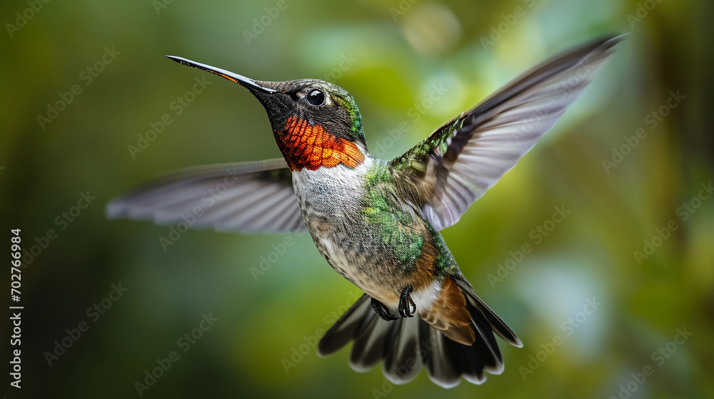 Fototapeta premium hummingbird mid-flight, iridescent feathers, flower nectar