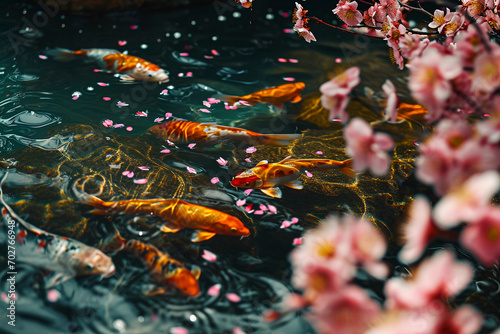 koi pond, sparkling water, cherry blossom petals floating, extremely detailed © Marco Attano