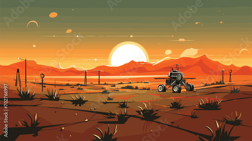 robots and nature in a vector scene featuring AI-driven agricultural robots. 
