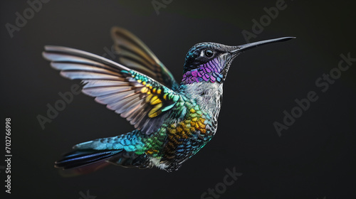 hummingbird mid-flight, iridescent feathers, flower nectar