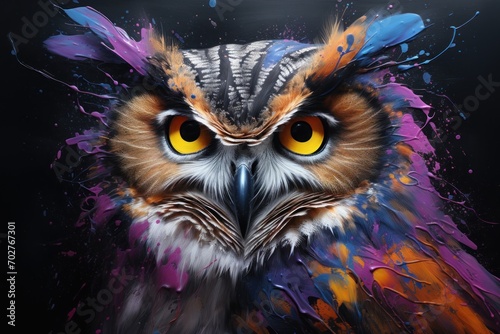  a painting of an owl's face with bright orange and blue paint splattered on it's face. © Shanti