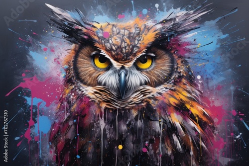  a painting of an owl's face with yellow eyes and colorful paint splatters on a black background.