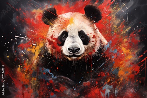  a painting of a panda bear with red, yellow, and blue paint splatters on it's face.