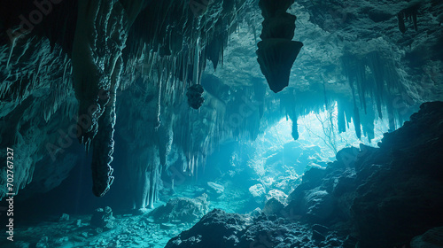 scuba diving in an underwater cave, stalactites hanging from the ceiling, luminescent glow worms providing light photo