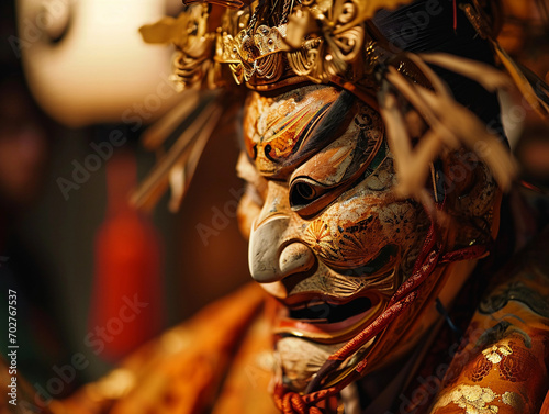 Traditional Japanese Noh theater stage, wooden, highly detailed masks and costumes, under soft