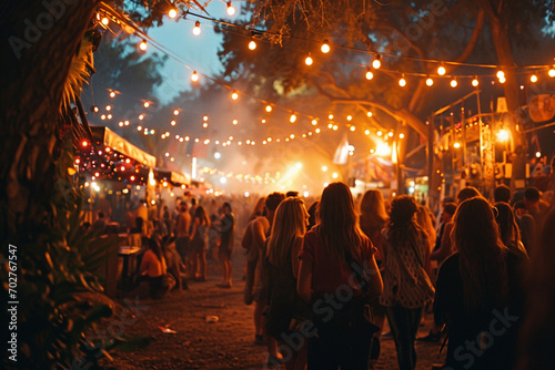 Summer Concert Vibes: Crowd, Music, and Festival Atmosphere Under the Stars with fairy lights © Masson
