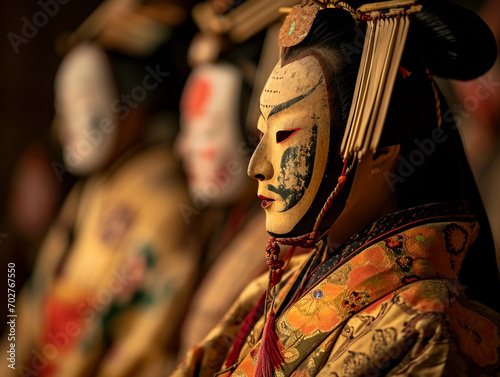Traditional Japanese Noh theater stage, wooden, highly detailed masks and costumes, under soft