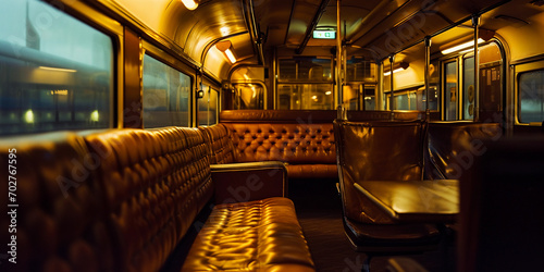Train interior, soft golden ambient lighting, leather seats, empty, a sense of solitude and calm