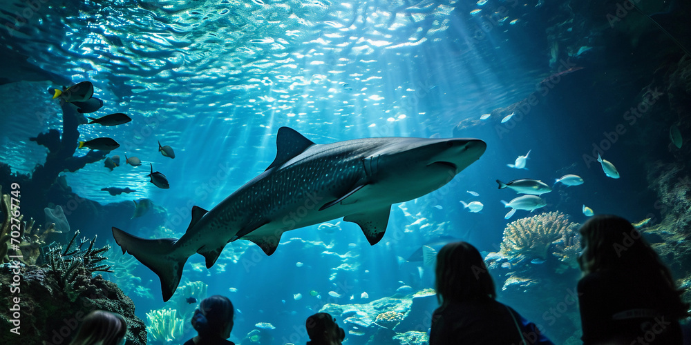 Fototapeta premium large shark, surrounded by smaller fish, coral reef in background, spectator's reflections on the glass