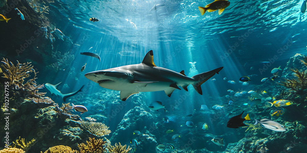 Obraz premium large shark, surrounded by smaller fish, coral reef in background, spectator's reflections on the glass