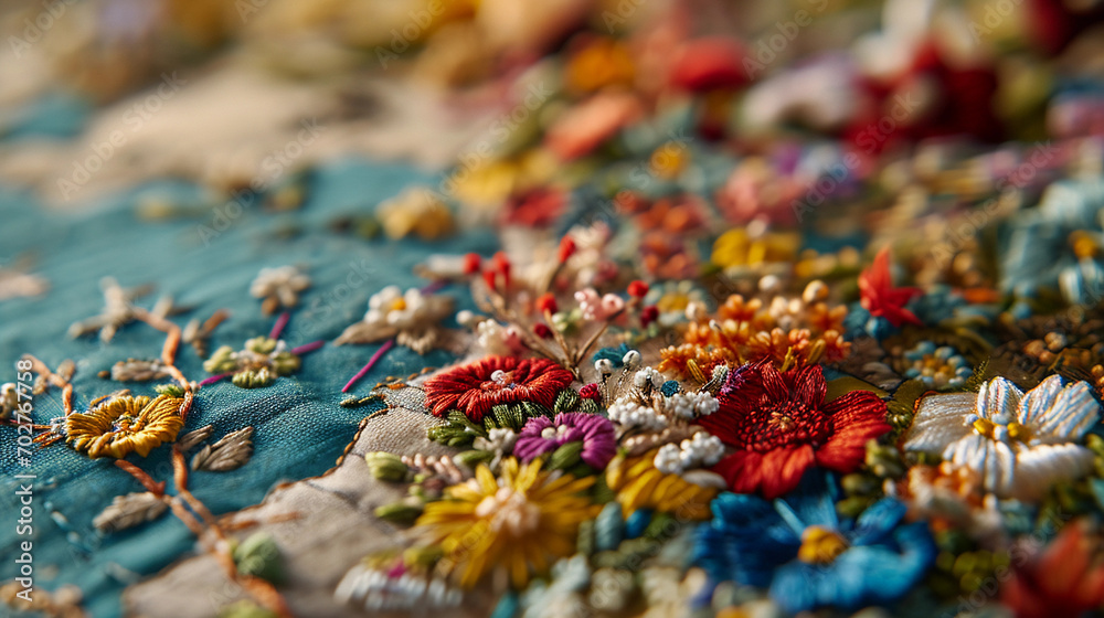 embroidery, world map, each country filled with its native flower - obrazy, fototapety, plakaty 