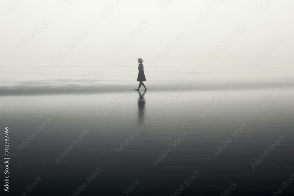 a person walking on a foggy beach in the middle of the day with a black and white photo of a person walking on a foggy beach. a person walking on a foggy beach in the middle of the day with a black and white photo of a person walking on a foggy beach.
