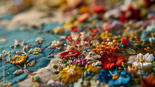 embroidery, world map, each country filled with its native flower photo