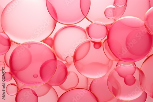  a group of pink bubbles floating on top of a pink surface with a gold border around the bottom of the bubbles.