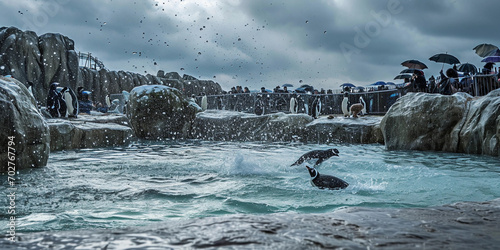 penguin enclosure, icy setting, penguins diving into the water, water droplets in motion, spectators with umbrellas